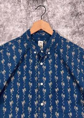 Hiroshi Kato Shirt Large Mens Indigo Blue Cotton Linen Woven Floral Short Sleeve